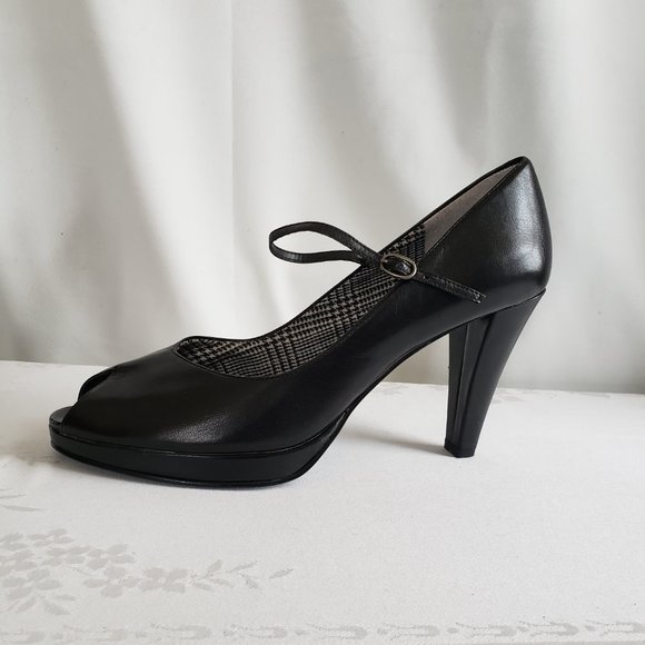 New BANDOLINO Black leather platform peep toe Mary Jane strap pumps Plaid lining - Picture 1 of 10
